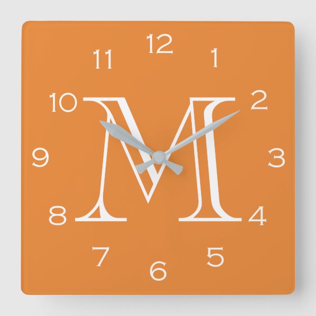 Monogram White Numbers On Orange wccnt Square Wall Clock (Front)