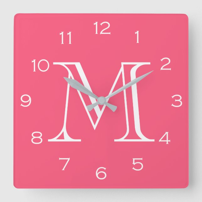 Monogram White Numbers On Pink wccnt Square Wall Clock (Front)