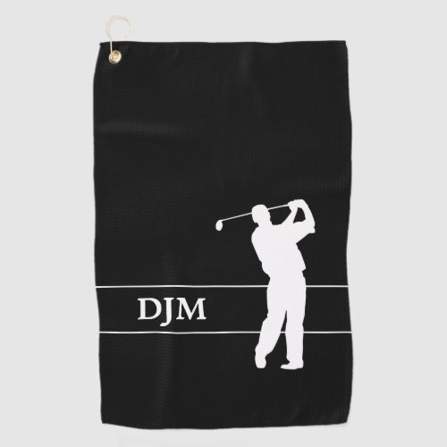 Monogram White on Black Silhouette Golfer Golf Towel