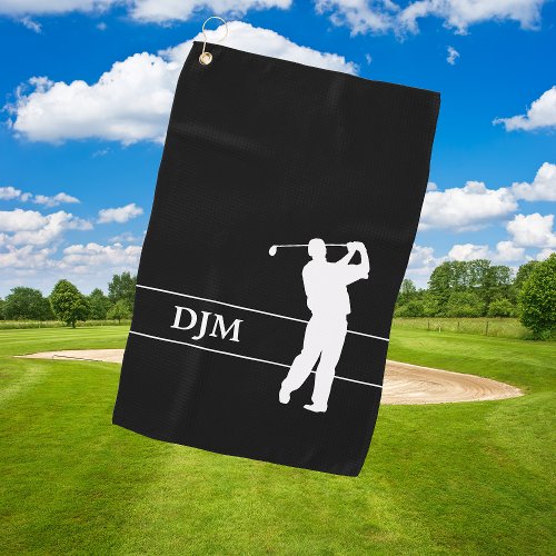 Monogram White on Black Silhouette Golfer Golf Towel