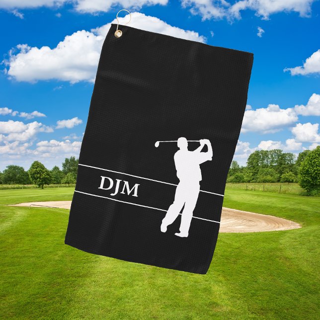 Monogram White on Black Silhouette Golfer Golf Towel (Creator Uploaded)