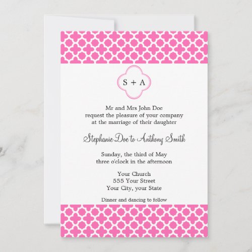 Monogram White on Hot Pink Quatrefoil Pattern Invitation