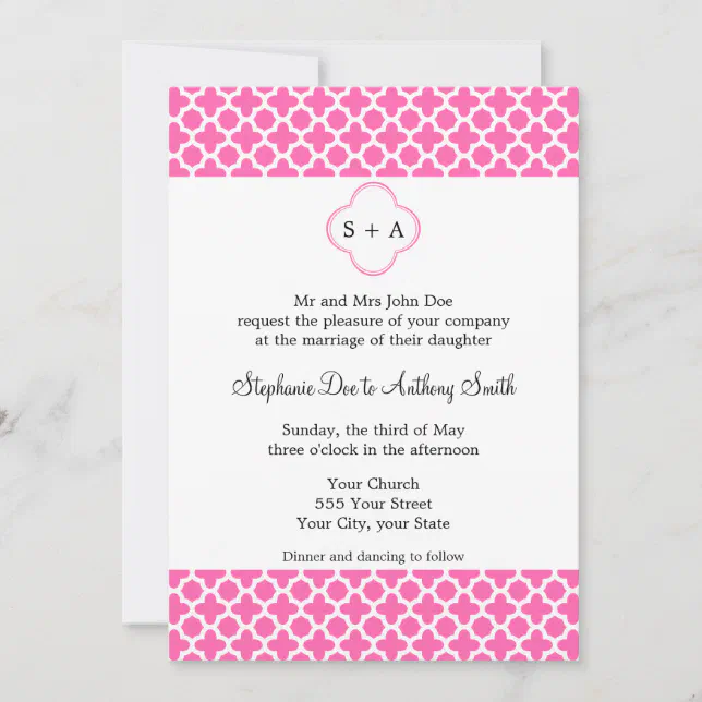 Monogram White On Hot Pink Quatrefoil Pattern Invitation Zazzle