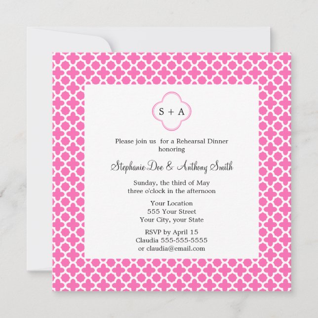 Monogram White on Hot Pink Quatrefoil Pattern Invitation (Front)