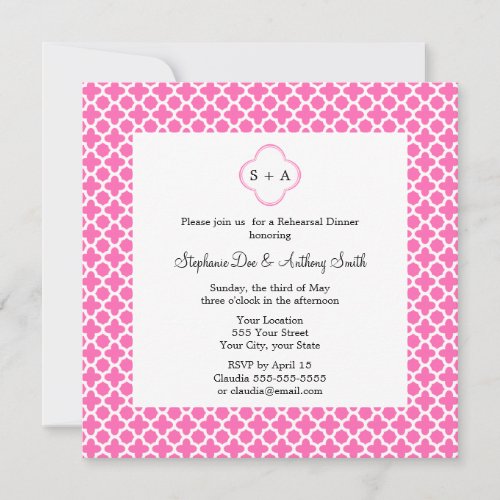 Monogram White on Hot Pink Quatrefoil Pattern Personalized Invitations