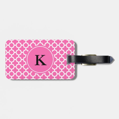 Monogram White on Hot Pink Quatrefoil Pattern Luggage Tag