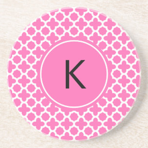 Monogram White on Hot Pink Quatrefoil Pattern Sandstone Coaster