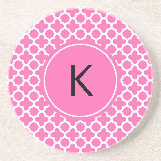 Monogram White on Hot Pink Quatrefoil Pattern Sandstone Coaster (Front)