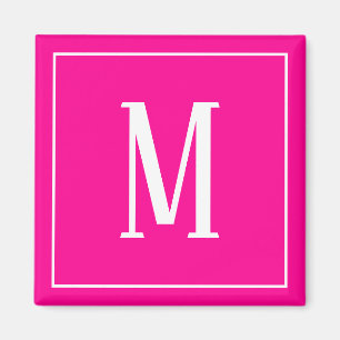 Monogram White on Hot Pink Square Magnet