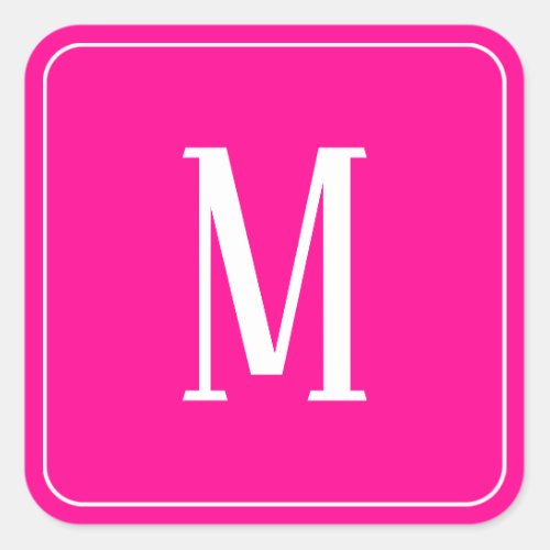 Monogram White on Hot Pink Square Sticker