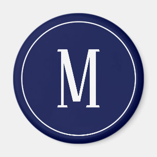 Monogram White on Navy Blue Round Magnet