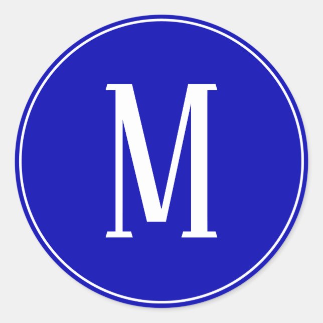 Monogram White on Royal Blue Round Sticker (Front)