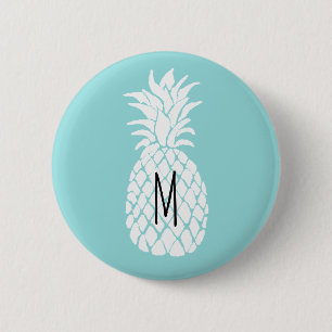 monogram white pineapple on pastel blue pinback button