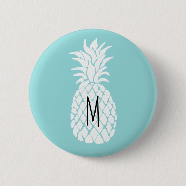 monogram white pineapple on pastel blue pinback button (Front)