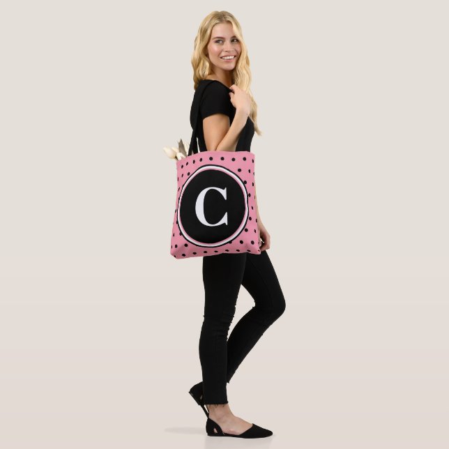 Monogram White Pink Black Polka Dots Tote Bag (On Model)