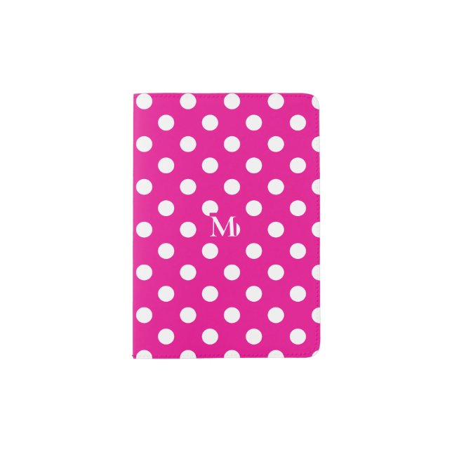 Monogram White Polka Dots Chic Hot Pink Passport Holder (Front)