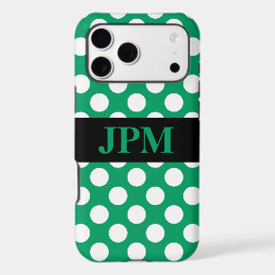 Monogram White Polka Dots on Shamrock Green iPhone 17 Pro Max Case