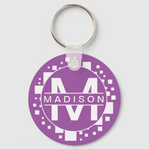Monogram White Purple Initials Art Squares Circle Keychain