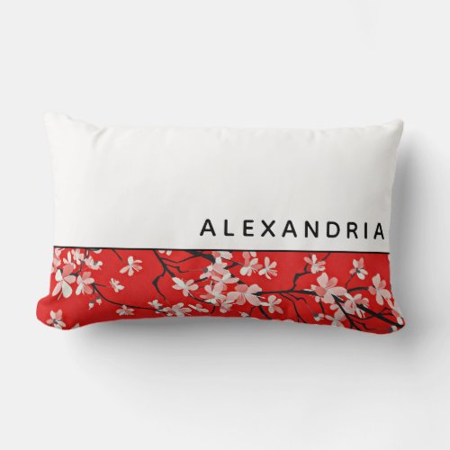 Monogram  White Red  Black Cherry Blossom Floral Lumbar Pillow
