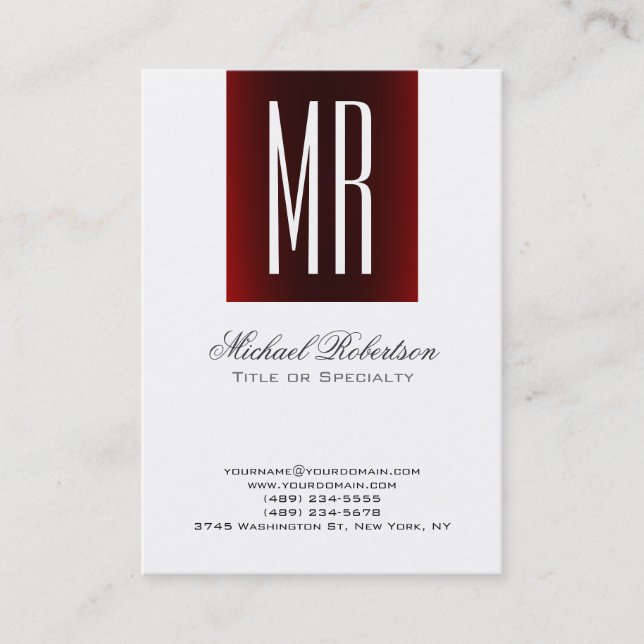 Monogram White Red Chic Calligraphy Business Card (Front)