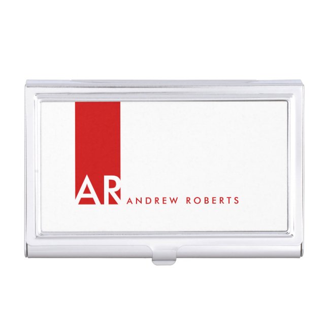 Monogram White Red Clean Business Card Holder (Front)