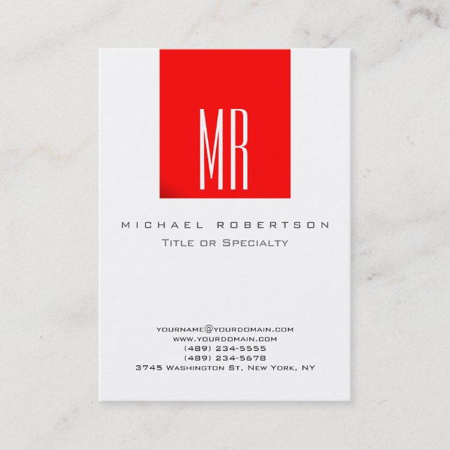 Monogram White Red Color Chubby Business Card (Front)