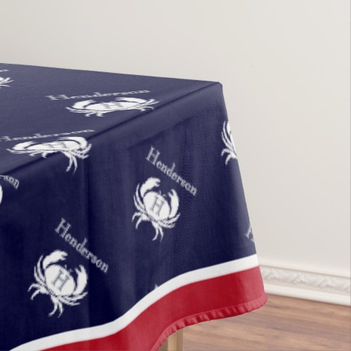 Monogram White Red Crab Nautical Coastal   Tablecloth