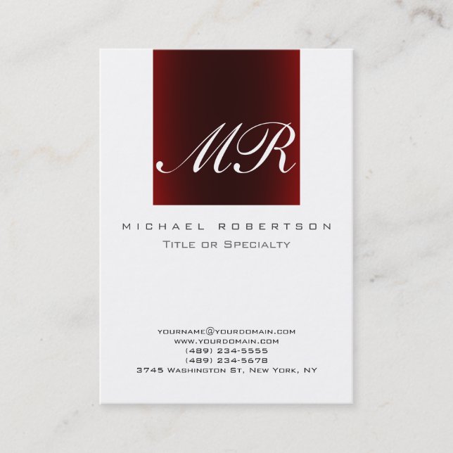 Monogram White Red Stripe Chubby Business Card (Front)