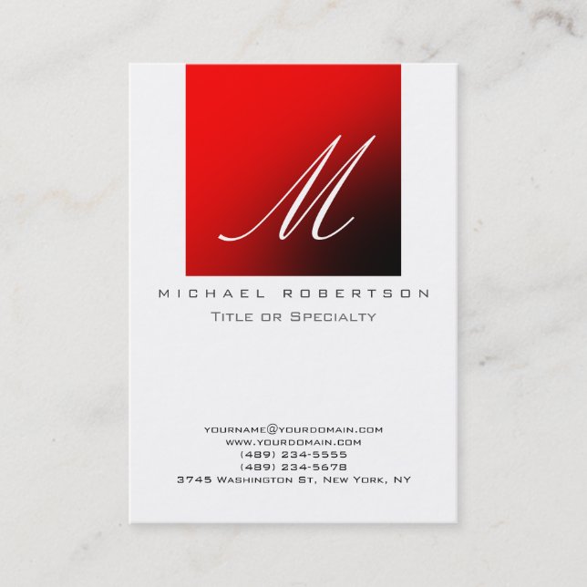 Monogram White Red Stripe Chubby Business Card (Front)