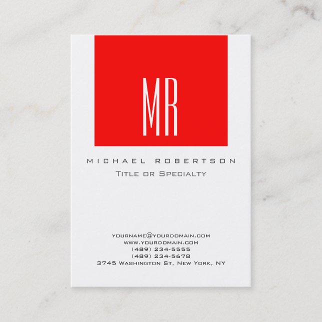 Monogram White Red Stripe Chubby Business Card (Front)