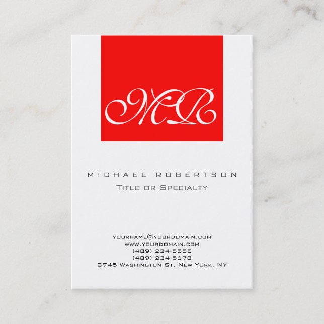 Monogram White Red Stripe Unique Business Card (Front)