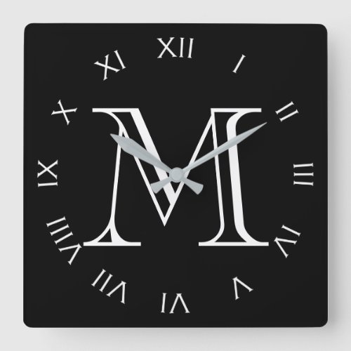 Monogram White Roman Numbers On Black wccnt Square Wall Clock