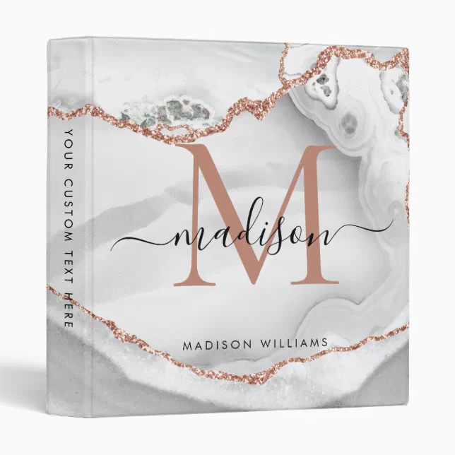 Monogram White Rose Gold Agate Geode Marble School 3 Ring Binder | Zazzle