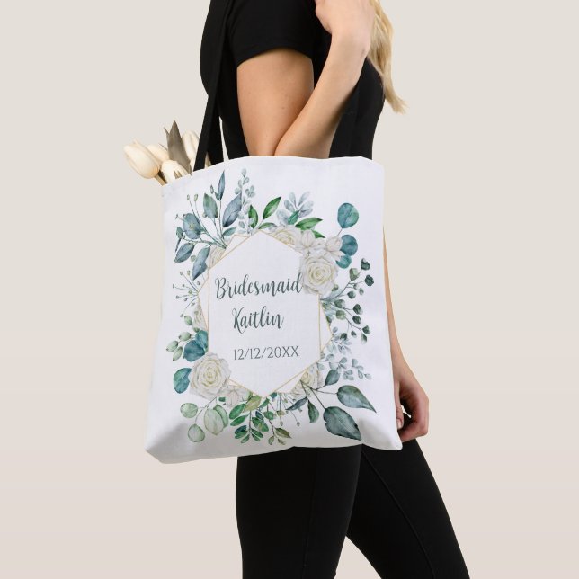 Monogram White Rose Greenery Eucalyptus Bridesmaid Tote Bag (Close Up)