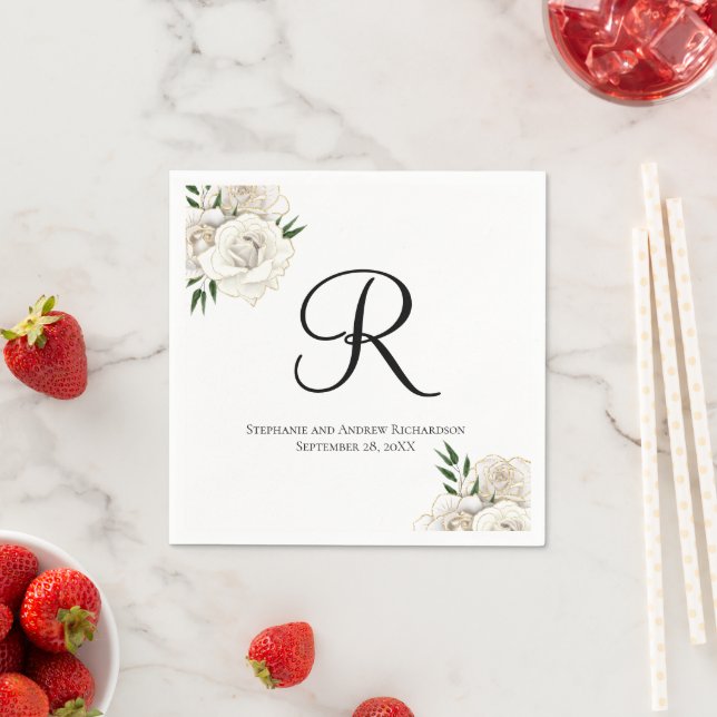Monogram White Roses Floral Elegant Wedding Napkin (Insitu)