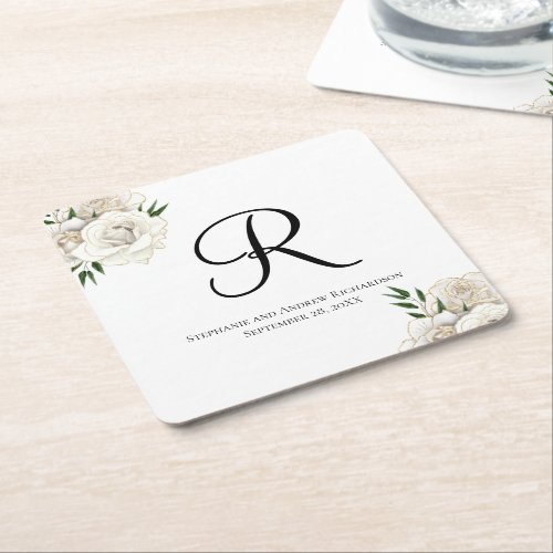 Monogram White Roses Floral Elegant Wedding Square Paper Coaster