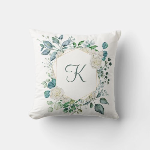 Monogram White Roses Greenery Eucalyptus Floral Throw Pillow