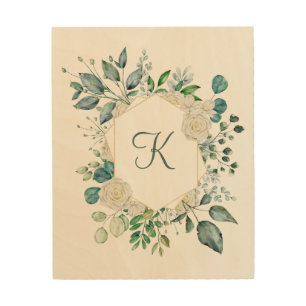 Monogram White Roses Greenery Eucalyptus Floral  Wood Wall Art