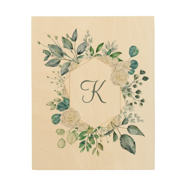 Monogram White Roses Greenery Eucalyptus Floral  Wood Wall Art (Front)