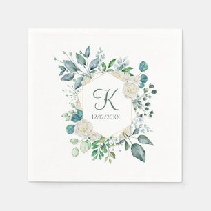 Monogram White Roses Greenery Eucalyptus Wedding Napkins