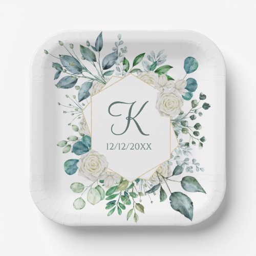 Monogram White Roses Greenery Eucalyptus Wedding  Paper Plates