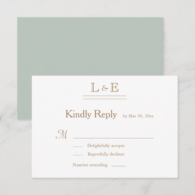 Monogram White Sage Gold Ampersand Wedding RSVP Invitation (Front/Back)