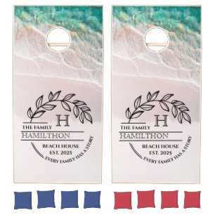 Monogram White Sand Sea Waves Family Beach House Cornhole Set