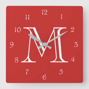 Monogram White Script Numbers On Red wccnt Square Wall Clock