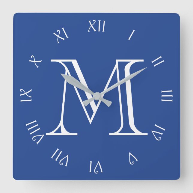 Monogram White Script Roman Numbers On Blue wccnt Square Wall Clock (Front)