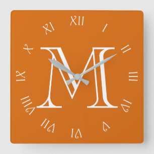 Monogram White Script Roman Numbers On Orange wct Square Wall Clock