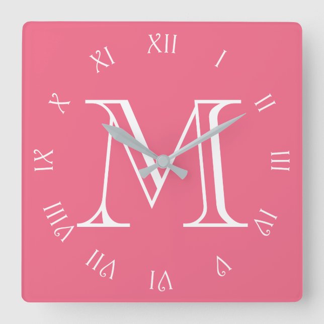Monogram White Script Roman Numbers On Pink wccnt Square Wall Clock (Front)