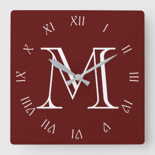 Monogram White Script Roman Numbers On Red wct Square Wall Clock