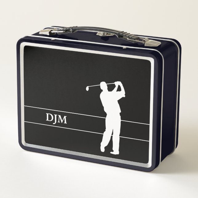 Monogram White Silhouette Golfer on Black  Metal Lunch Box (Back)