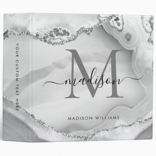 Monogram White Silver Agate Geode Marble School 3  3 Ring Binder